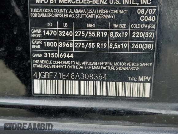 2008 Mercedes-Benz GL-Class 4.6L with VIN 4JGBF71E48A308364, listed as a Copart auction lot 50924955 with 166,454 mi miles and Salvage Title. Bid and sale history available at carsss.com. Image 14.