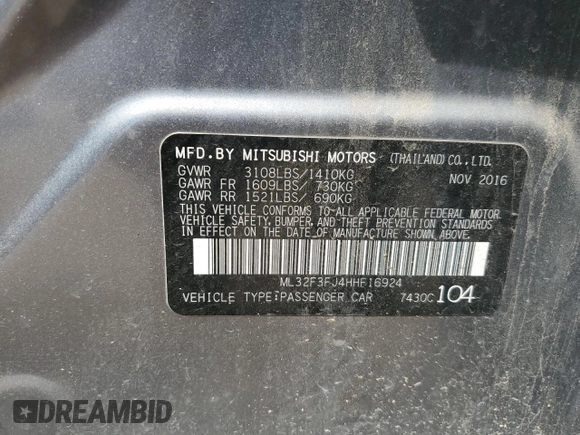 2017 Mitsubishi Mirage ES with VIN ML32F3FJ4HHF16924, listed as a Copart auction lot 59278355 with 55,021 mi miles and Salvage title. Bid and sale history available at DreamBid. Image 12.