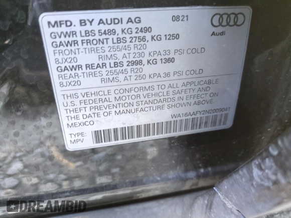 2022 Audi Q5 Sportback S line Prestige with VIN WA16AAFY2N2009041, listed as a Copart auction lot 45240665 with 43,136 mi miles and Salvage title. Bid and sale history available at DreamBid. Image 26.
