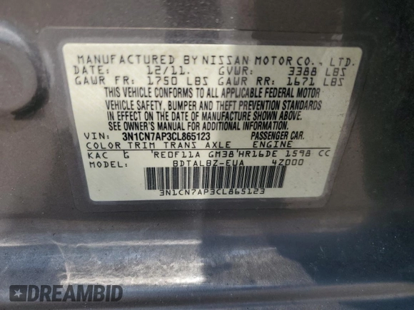 2012 Nissan Versa S with VIN 3N1CN7AP3CL865123, listed as a Copart auction lot 66224705 with 175,130 mi miles and Clean title. Bid and sale history available at DreamBid. Image 12.