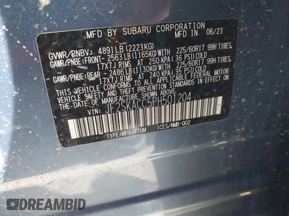 2023 Subaru Forester with VIN JF2SKACC5PH501204, listed as a IAAI auction lot 41944138 with 34,310 mi miles and . Bid and sale history available at DreamBid. Image 9.