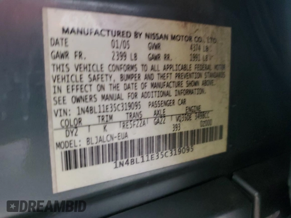 2005 Nissan Altima SE with VIN 1N4BL11E35C319095, listed as a Copart auction lot 53953805 with 118,768 mi miles and Salvage Title. Bid and sale history available at carsss.com. Image 12.
