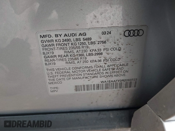 2024 Audi Q5 S line Premium Plus with VIN WA1EAAFY0R2083723, listed as a IAAI auction lot 41746336 with 24,190 mi miles. Bid and sale history available at carsss.com. Image 9.