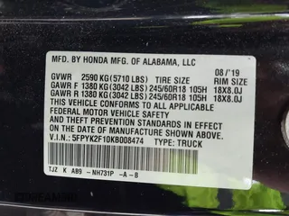 2019 Honda Ridgeline Sport with VIN 5FPYK2F10KB008474, listed as a IAAI auction lot 42144225 with 101,274 mi miles and . Bid and sale history available at DreamBid. Image 9.