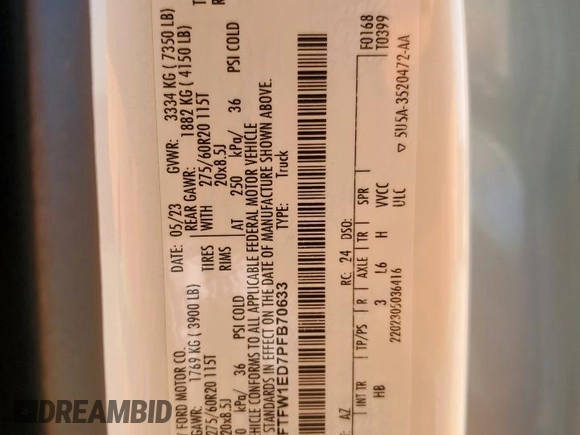 2023 Ford F-150 XL с VIN 1FTFW1ED7PFB70633, выставлен на аукционе Copart как лот 58183975 с пробегом Не указан миль и Списание • Salvage title. История ставок и продаж доступна на DreamBid. Изображение 12.