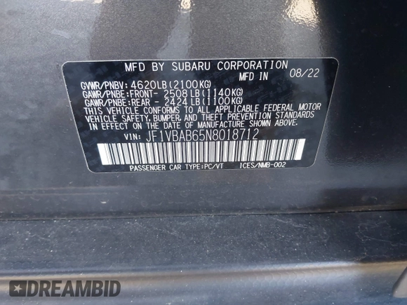 2022 Subaru WRX z VIN JF1VBAB65N8018712, wystawiony jako IAAI lot #41226618 z przebiegiem 24 309 mil mil oraz . Historia ofert i sprzedaży dostępna na DreamBid. Obrazek 9.