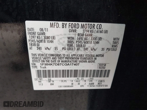 2012 Ford Explorer XLT with VIN 1FMHK7D87CGA17407, listed as a IAAI auction lot 42485101 with 115,712 mi miles and . Bid and sale history available at DreamBid. Image 9.