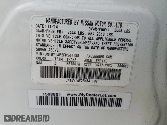 2015 Infiniti Q70 z VIN JN1BY1AP2FM541199, wystawiony jako Copart lot #57453875 z przebiegiem 163 666 mil mil oraz Szkoda całkowita • Salvage title. Historia ofert i sprzedaży dostępna na DreamBid. Obrazek 12.