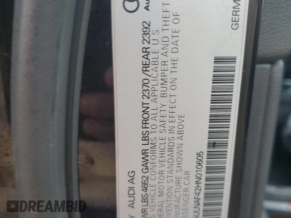 2017 Audi A4 Premium Plus with VIN WAULNAF42HN010605, listed as a Copart auction lot 83840254 with 103,580 mi miles and Salvage Title. Bid and sale history available at carsss.com. Image 12.