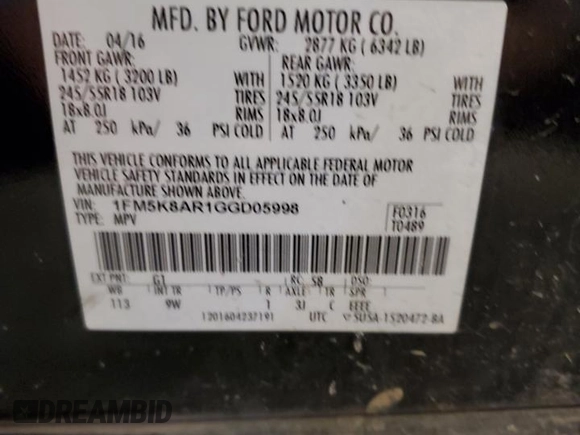 2016 Ford Utility Police Interceptor with VIN 1FM5K8AR1GGD05998, listed as a Copart auction lot 41393885 with 140,060 mi miles and Salvage Title. Bid and sale history available at carsss.com. Image 13.