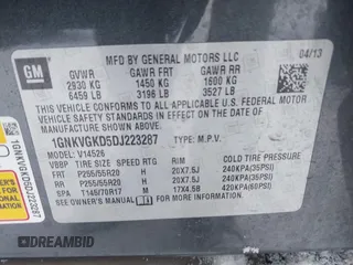 2013 Chevrolet Traverse LT with VIN 1GNKVGKD5DJ223287, listed as a IAAI auction lot 41510947 with 146,094 mi miles and . Bid and sale history available at DreamBid. Image 9.