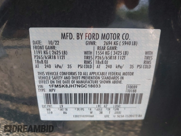 2022 Ford Explorer Timberline with VIN 1FMSK8JH7NGC18033, listed as a IAAI auction lot 42061200 with 36,407 mi miles. Bid and sale history available at carsss.com. Image 9.
