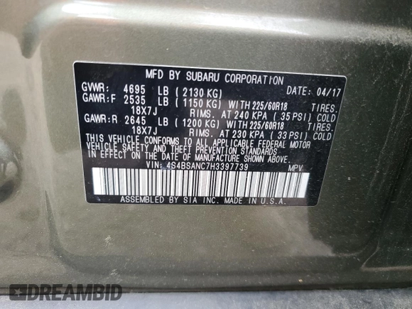 2017 Subaru Outback Limited z VIN 4S4BSANC7H3397739, wystawiony jako Copart lot #53691485 z przebiegiem 68 464 mil mil oraz Czysty tytuł • Clean title. Historia ofert i sprzedaży dostępna na DreamBid. Obrazek 15.