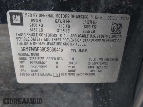 2012 Cadillac SRX Performance Collection with VIN 3GYFNBE38CS630415, listed as a IAAI auction lot 41753419 with 130,436 mi miles. Bid and sale history available at carsss.com. Image 9.