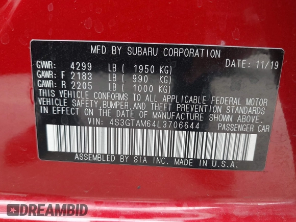 2020 Subaru Impreza Special Sports z VIN 4S3GTAM64L3706644, wystawiony jako IAAI lot #42039793 z przebiegiem Nie podano mil oraz . Historia ofert i sprzedaży dostępna na DreamBid. Obrazek 9.