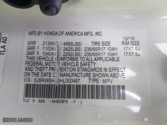2017 Honda CR-V LX with VIN 5J6RW5H30HL000487, listed as a IAAI auction lot 42021631 with 67,368 mi miles. Bid and sale history available at carsss.com. Image 18.