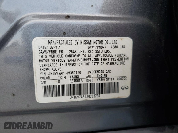 2018 Infiniti Q50 Luxe with VIN JN1EV7AP1JM353730, listed as a Copart auction lot 65150885 with 59,821 mi miles and Salvage title. Bid and sale history available at DreamBid. Image 12.