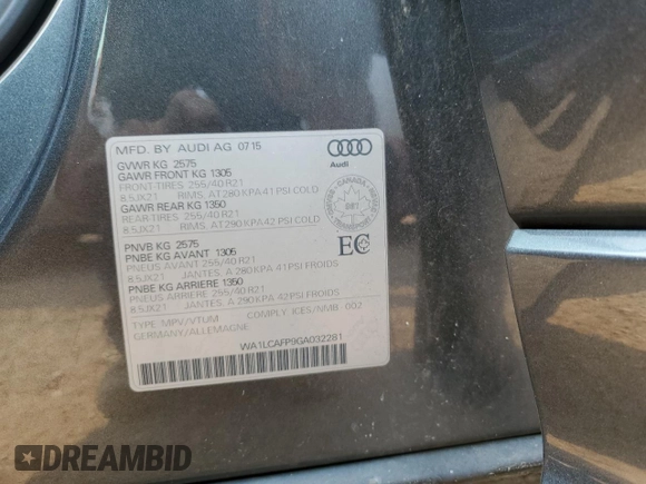2016 Audi SQ5 3.0T Technik with VIN WA1LCAFP9GA032281, listed as a Copart auction lot 60234744 with 0 mi miles and Salvage Title. Bid and sale history available at carsss.com. Image 14.