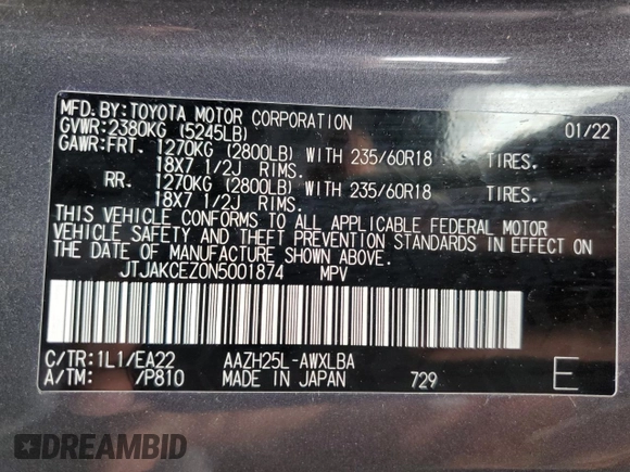 2022 Lexus NX 350h with VIN JTJAKCEZ0N5001874, listed as a Copart auction lot 58402925 with 21,016 mi miles and Salvage title. Bid and sale history available at DreamBid. Image 14.