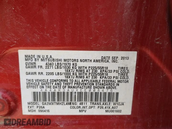2014 Mitsubishi Outlander Sport ES with VIN 4A4AR3AUXEE008476, listed as a Copart auction lot 49555835 with 184,418 mi miles and Clean Title. Bid and sale history available at carsss.com. Image 13.