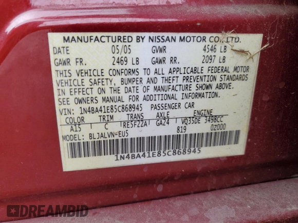 2005 Nissan Maxima 3.5 SL with VIN 1N4BA41E85C868945, listed as a Copart auction lot 78280424 with 112,204 mi miles and Clean Title. Bid and sale history available at carsss.com. Image 12.