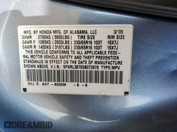 2005 Honda Odyssey EX-L with VIN 5FNRL38765B072878, listed as a Copart auction lot 54610815 with 271,460 mi miles and Salvage title. Bid and sale history available at DreamBid. Image 13.