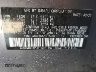 2021 Subaru Legacy Limited with VIN 4S3BWAN66M3017853, listed as a Copart auction lot 46675925 with 48,790 mi miles and Salvage title. Bid and sale history available at DreamBid. Image 12.