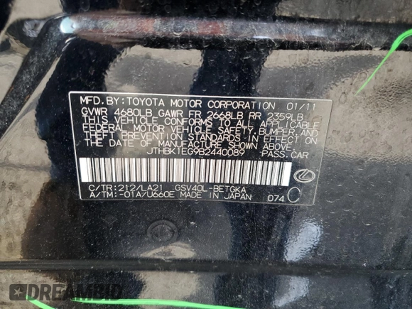 2011 Lexus ES 330 with VIN JTHBK1EG9B2440089, listed as a Copart auction lot 60722585 with 237,181 mi miles and Salvage title. Bid and sale history available at DreamBid. Image 12.