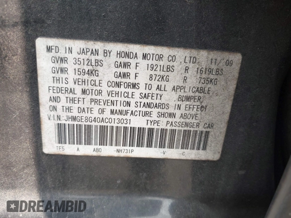 2010 Honda Fit Sport with VIN JHMGE8G40AC013031, listed as a IAAI auction lot 42406883 with 245,755 mi miles and . Bid and sale history available at DreamBid. Image 9.