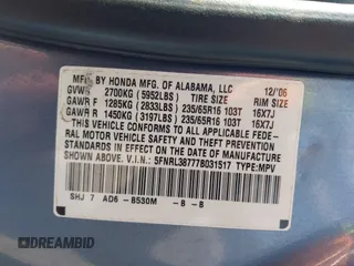2007 Honda Odyssey EX-L with VIN 5FNRL38777B031517, listed as a IAAI auction lot 41850635 with 287,941 mi miles. Bid and sale history available at carsss.com. Image 9.