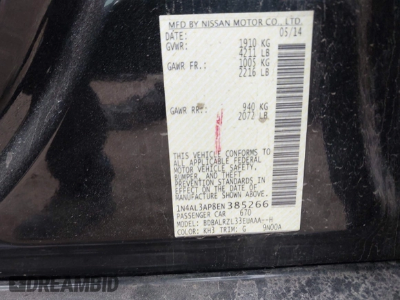 2014 Nissan Altima SV with VIN 1N4AL3AP8EN385266, listed as a IAAI auction lot 42050393 with 83,664 mi miles and . Bid and sale history available at carsss.com. Image 9.