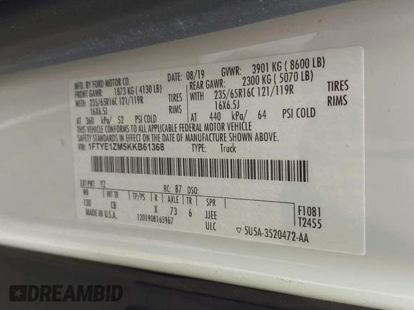 2019 Ford Transit z VIN 1FTYE1ZM5KKB61368, wystawiony jako IAAI lot #42232514 z przebiegiem 65 348 mil mil oraz . Historia ofert i sprzedaży dostępna na DreamBid. Obrazek 9.