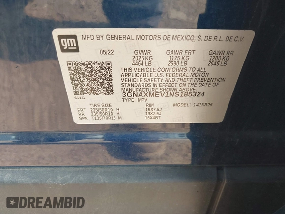 2022 Chevrolet Equinox RS with VIN 3GNAXMEV1NS185324, listed as a IAAI auction lot 42410636 with 44,347 mi miles and . Bid and sale history available at DreamBid. Image 9.