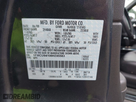 2008 Ford Escape Limited with VIN 1FMCU94108KE85583, listed as a IAAI auction lot 42608251 with 177,841 mi miles and . Bid and sale history available at DreamBid. Image 9.