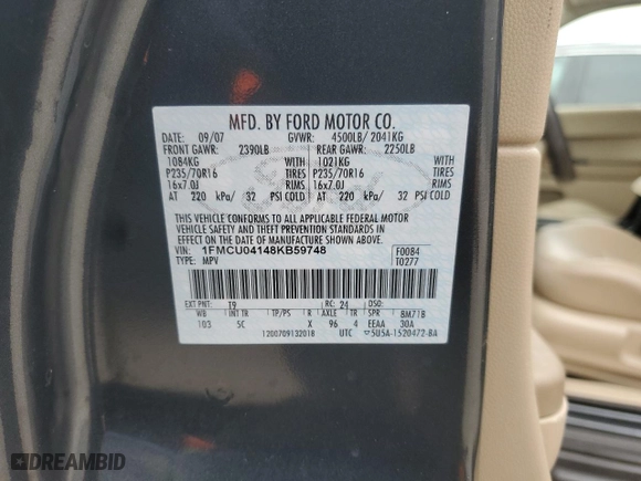 2008 Ford Escape Limited with VIN 1FMCU04148KB59748, listed as a Copart auction lot 51587475 with 171,469 mi miles and Non Repairable. Bid and sale history available at carsss.com. Image 13.