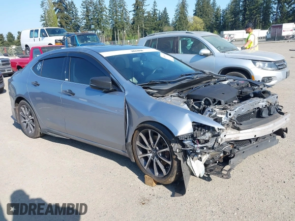 2015 Acura TLX V6 with VIN 19UUB2F32FA025334, listed as a IAAI auction lot 42099075 with 107,409 mi miles. Bid and sale history available at carsss.com. Image 1.