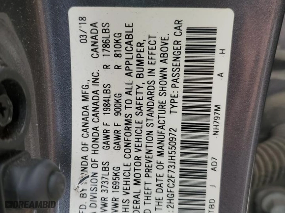 2018 Honda Civic Sedan EX with VIN 2HGFC2F73JH550972, listed as a Copart auction lot 44840005 with 99,331 mi miles and Salvage Title. Bid and sale history available at carsss.com. Image 13.