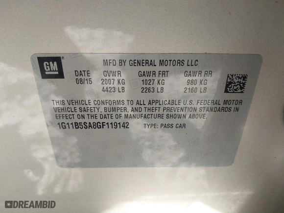 2016 Chevrolet Malibu Limited LS with VIN 1G11B5SA8GF119142, listed as a IAAI auction lot 41635234 with NaN miles. Bid and sale history available at carsss.com. Image 9.