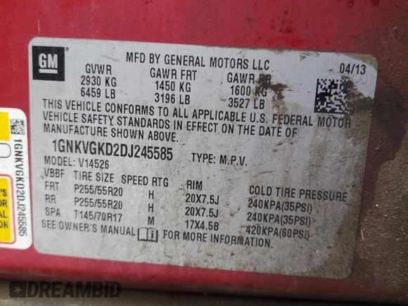 2013 Chevrolet Traverse LT with VIN 1GNKVGKD2DJ245585, listed as a Copart auction lot 47028265 with 199,546 mi miles and Salvage Title. Bid and sale history available at DreamBid. Image 13.