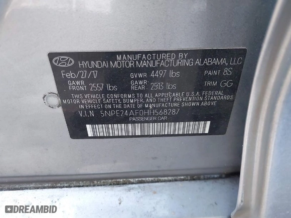2017 Hyundai Sonata SE with VIN 5NPE24AF0HH568287, listed as a IAAI auction lot 41272571 with 1 mi miles. Bid and sale history available at carsss.com. Image 9.
