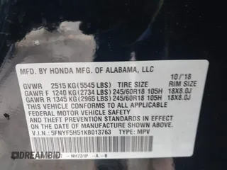 2019 Honda Pilot EX-L with VIN 5FNYF5H51KB013763, listed as a IAAI auction lot 41711089 with 79,651 mi miles and . Bid and sale history available at DreamBid. Image 9.
