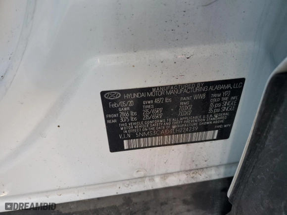 2020 Hyundai Santa Fe SEL with VIN 5NMS3CAD3LH224239, listed as a Copart auction lot 46476485 with 69,137 mi miles and Salvage Title. Bid and sale history available at carsss.com. Image 15.