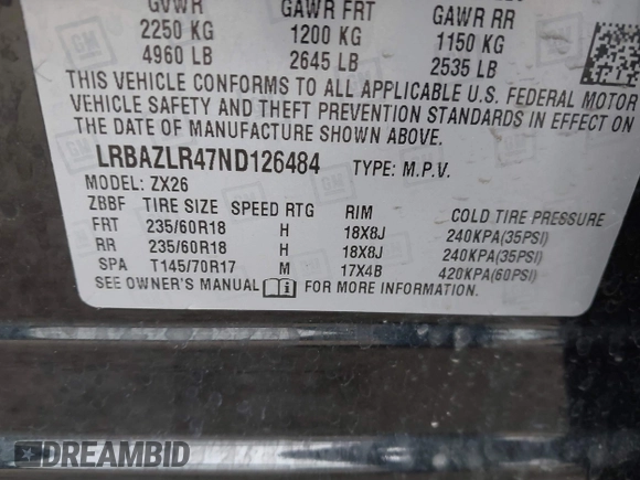2022 Buick Envision Preferred with VIN LRBAZLR47ND126484, listed as a IAAI auction lot 41744049 with 15,130 mi miles and . Bid and sale history available at carsss.com. Image 9.