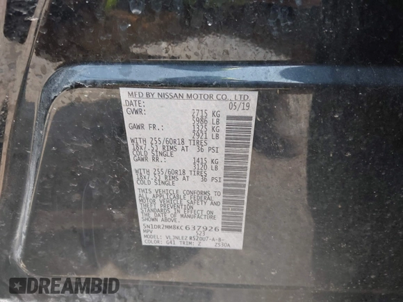 2019 Nissan Pathfinder S z VIN 5N1DR2MM8KC637926, wystawiony jako IAAI lot #41903395 z przebiegiem 84 436 mil mil oraz . Historia ofert i sprzedaży dostępna na DreamBid. Obrazek 9.