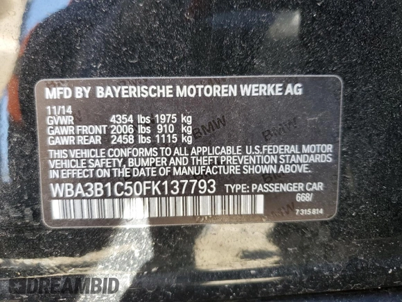 2015 BMW 3 Series 320i with VIN WBA3B1C50FK137793, listed as a Copart auction lot 49381875 with 57,874 mi miles and Salvage Title. Bid and sale history available at carsss.com. Image 12.