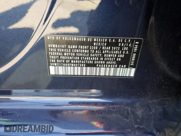 2015 Volkswagen Golf TSI SEL with VIN 3VW217AU6FM007389, listed as a Copart auction lot 61438645 with 64,832 mi miles and Salvage title. Bid and sale history available at DreamBid. Image 12.