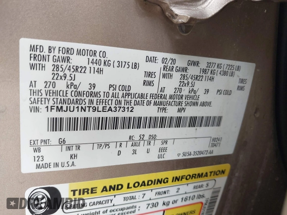 2020 Ford Expedition King Ranch с VIN 1FMJU1NT9LEA37312, выставлен на аукционе IAAI как лот 42414318 с пробегом 51 392 миль миль и . История ставок и продаж доступна на DreamBid. Изображение 9.