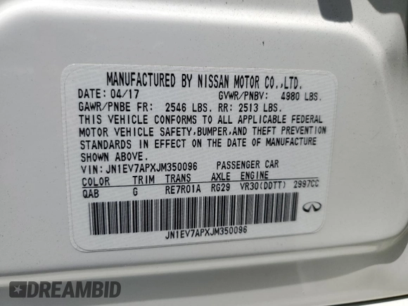 2018 Infiniti Q50 Luxe with VIN JN1EV7APXJM350096, listed as a Copart auction lot 59754334 with 46,798 mi miles and Salvage title. Bid and sale history available at DreamBid. Image 12.