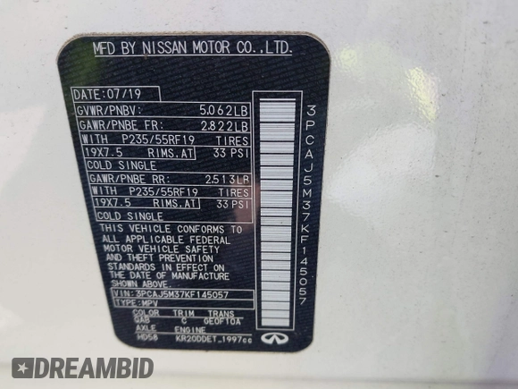 2019 Infiniti QX50 Luxe with VIN 3PCAJ5M37KF145057, listed as a IAAI auction lot 42015854 with 118,624 mi miles and . Bid and sale history available at DreamBid. Image 9.