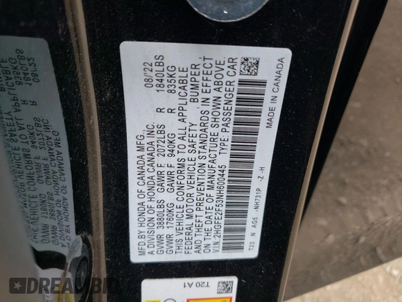 2022 Honda Civic Sport z VIN 2HGFE2F53NH600445, wystawiony jako Copart lot #57883355 z przebiegiem 47 235 mil mil oraz Szkoda całkowita • Salvage title. Historia ofert i sprzedaży dostępna na DreamBid. Obrazek 12.